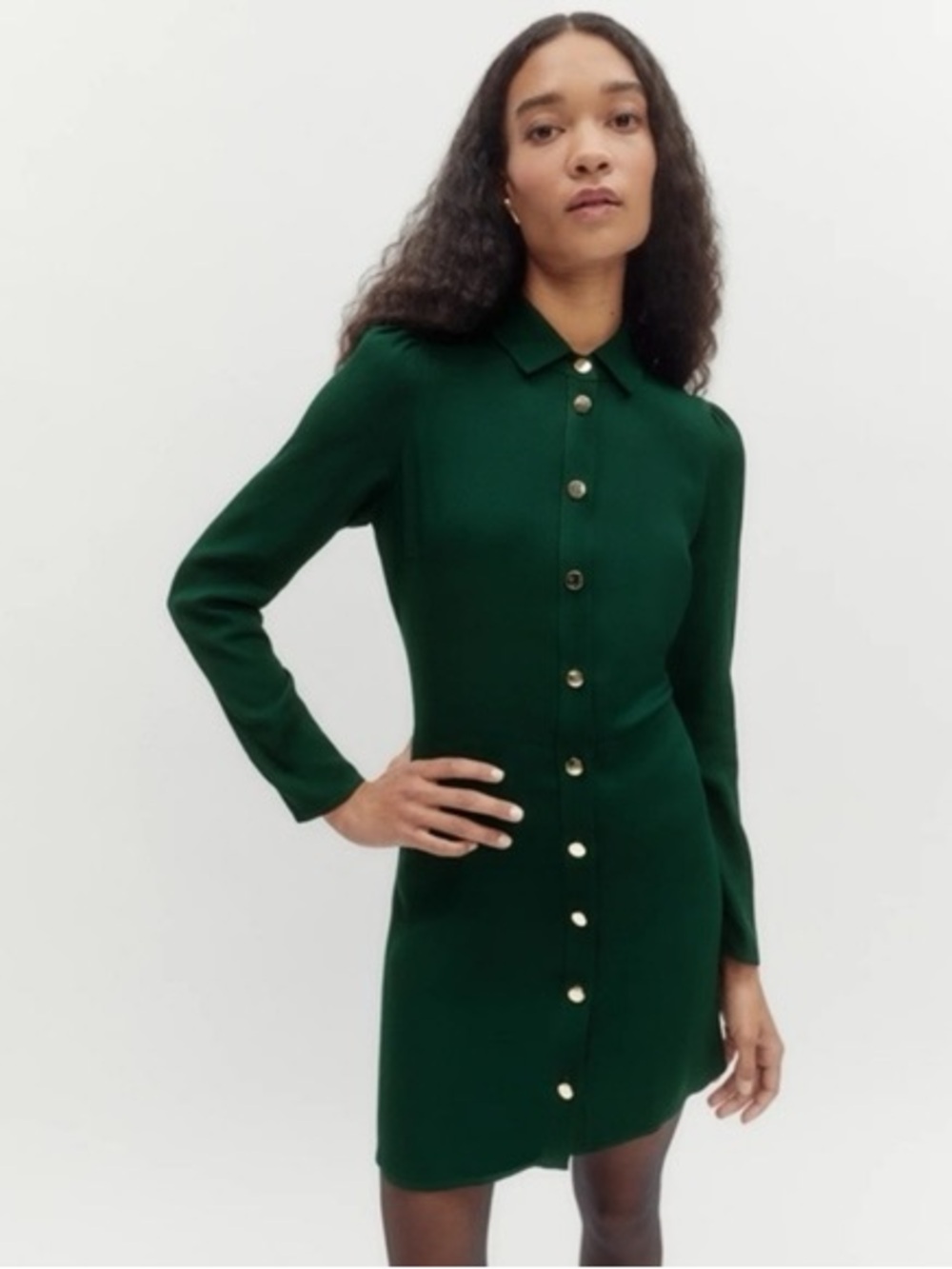 Reformation Forest Green Button-Front Long Sleeve Mini Dress